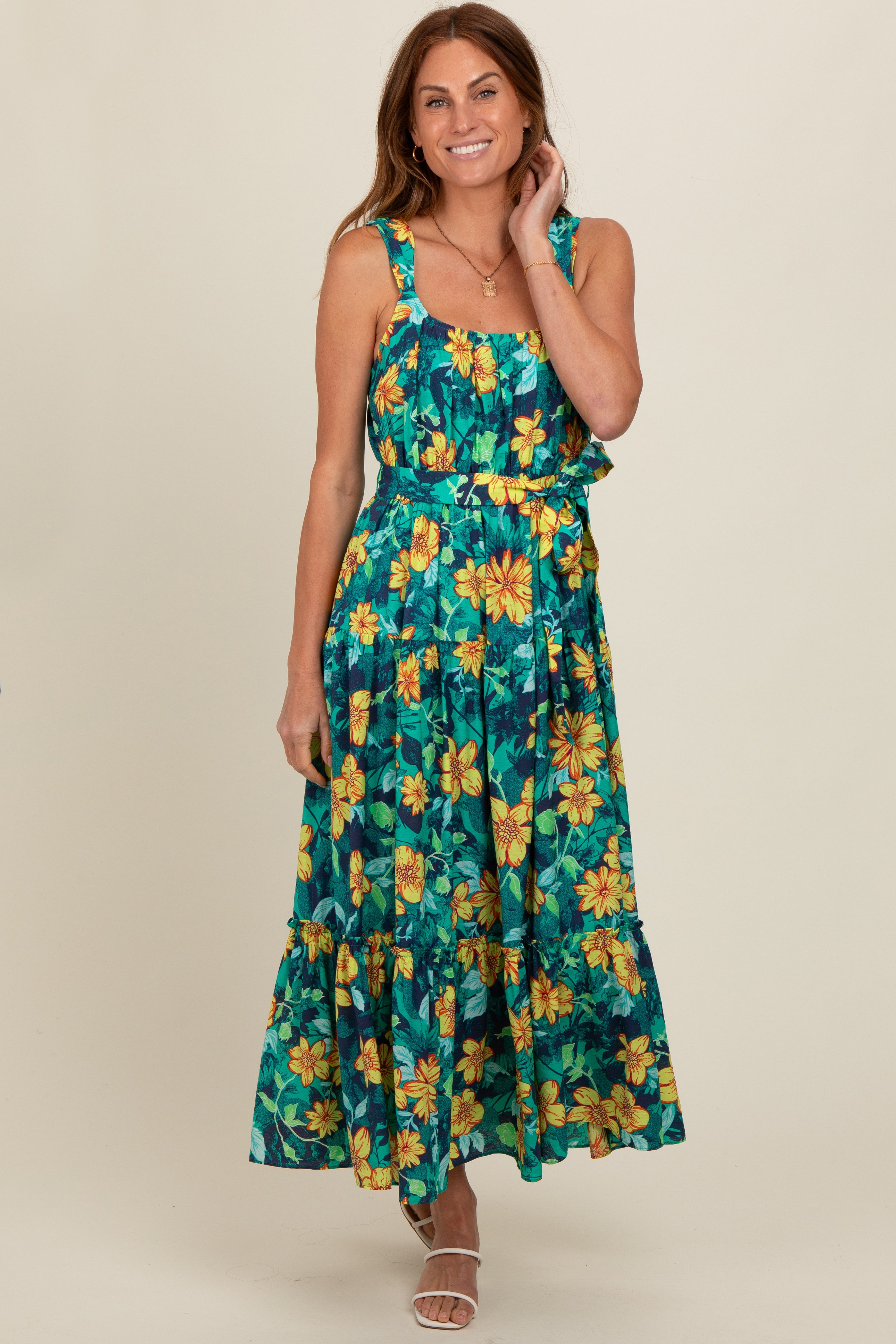 Yellow Floral Tiered Sash Tie Midi Dress PinkBlush