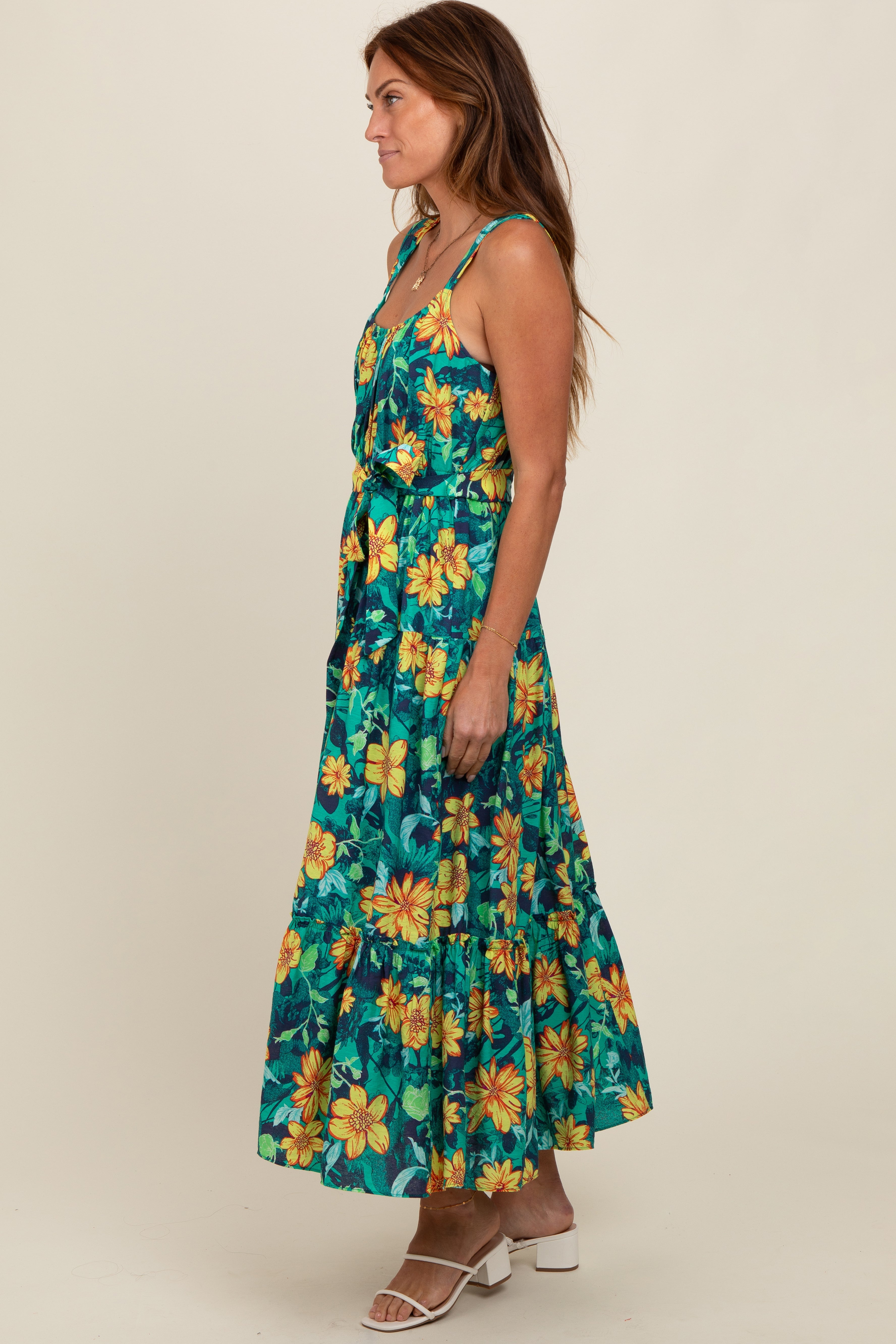 Yellow Floral Tiered Sash Tie Midi Dress PinkBlush