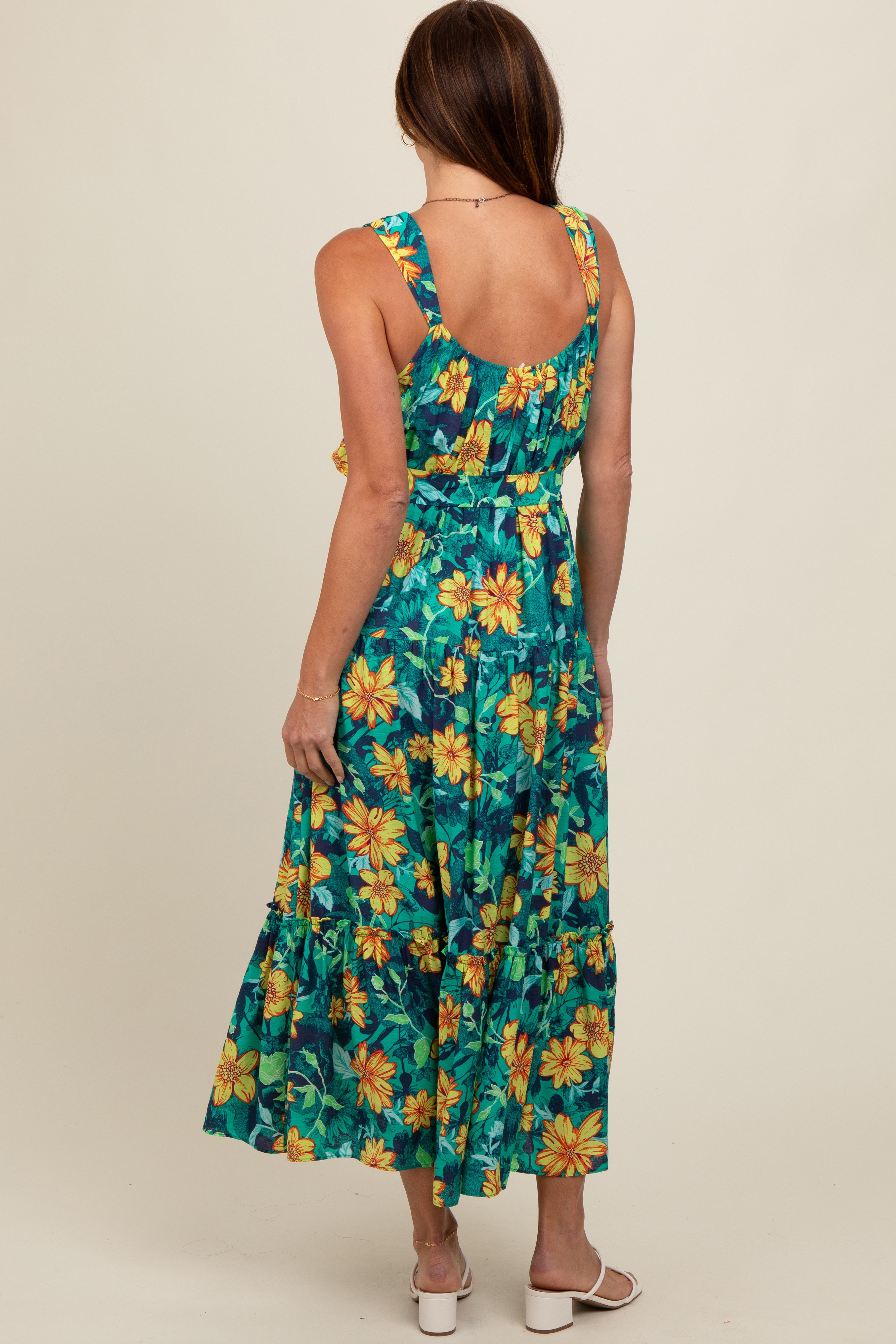 Yellow Floral Tiered Sash Tie Midi Dress PinkBlush