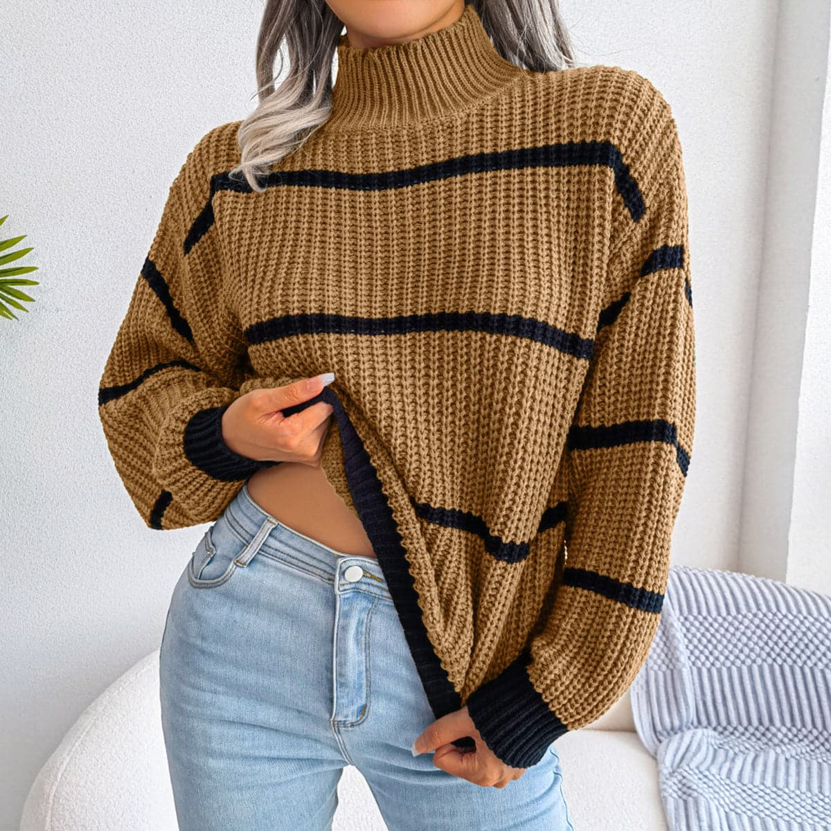 Striped Mock Neck Dropped Shoulder Sweater.