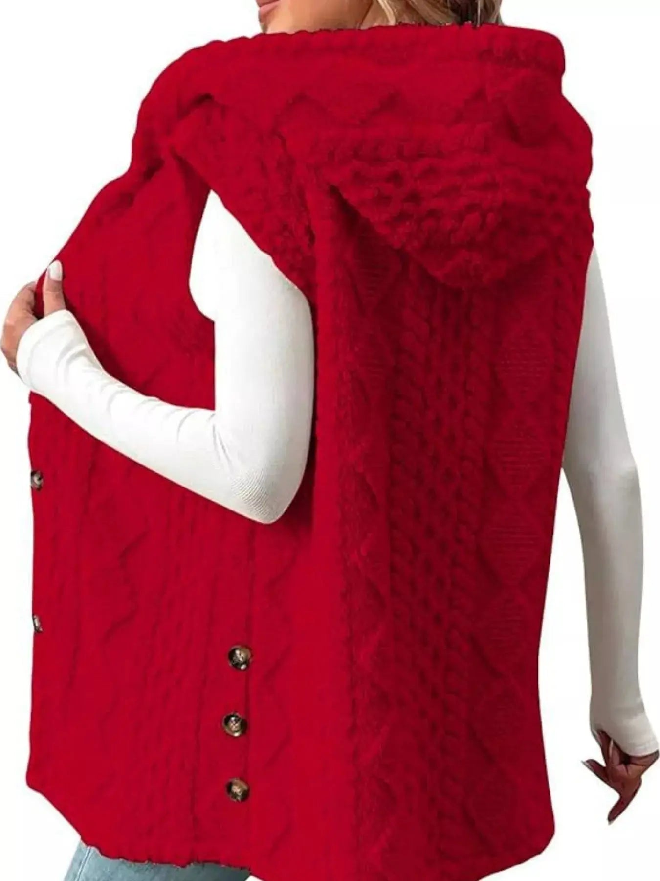 Hooded Button-Up Sherpa Vest Coat Simply Love