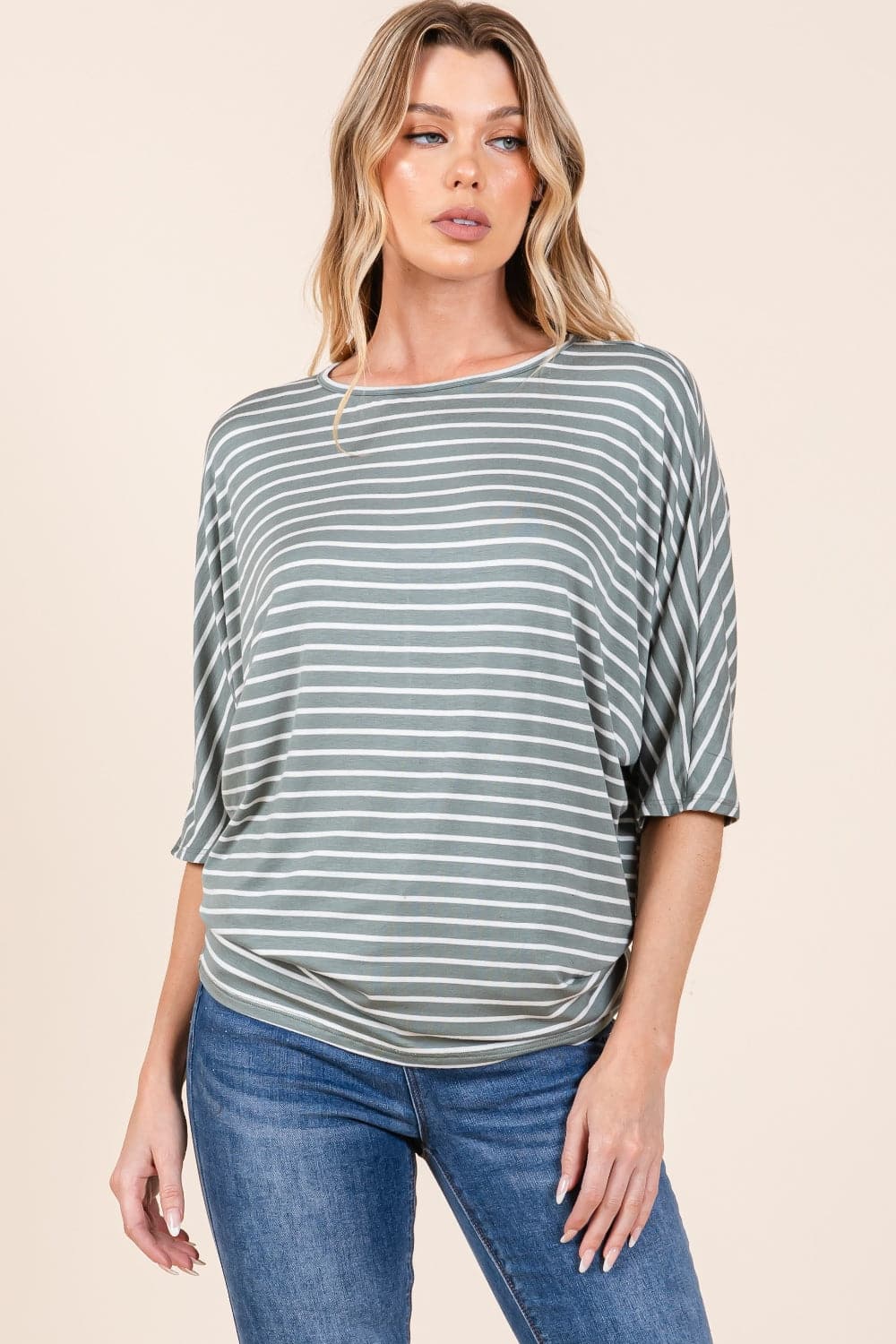 Elegant striped dolman sleeve top with boat neck design