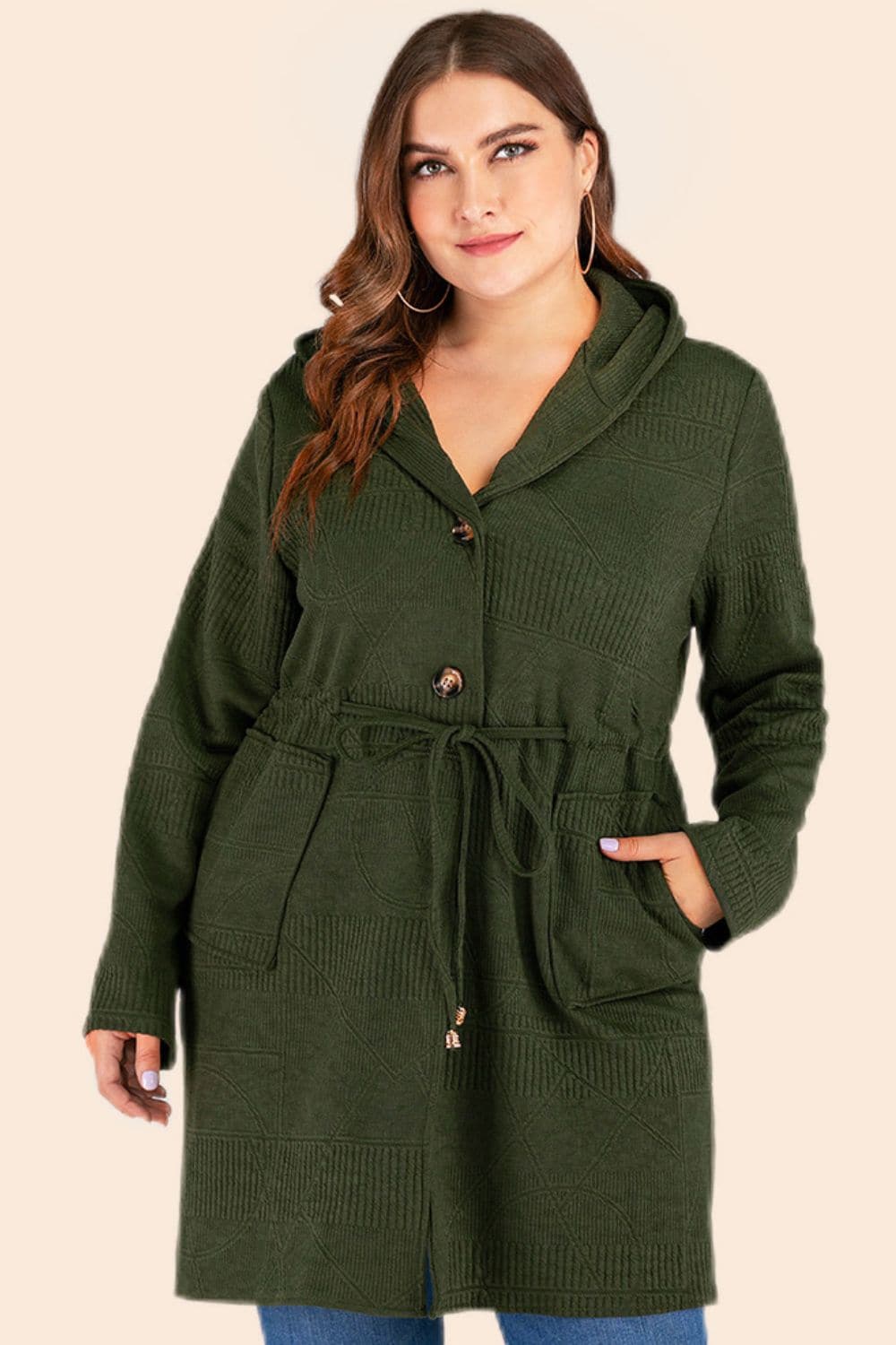 Plus Size Drawstring Waist Hooded Cardigan with Pockets.