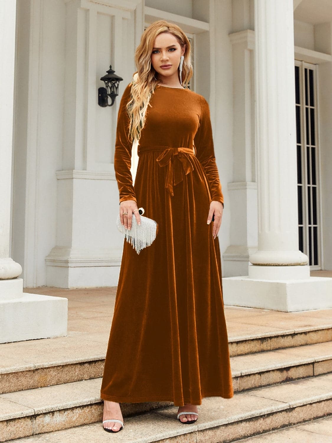 Tie Front Round Neck Long Sleeve Maxi Dress.