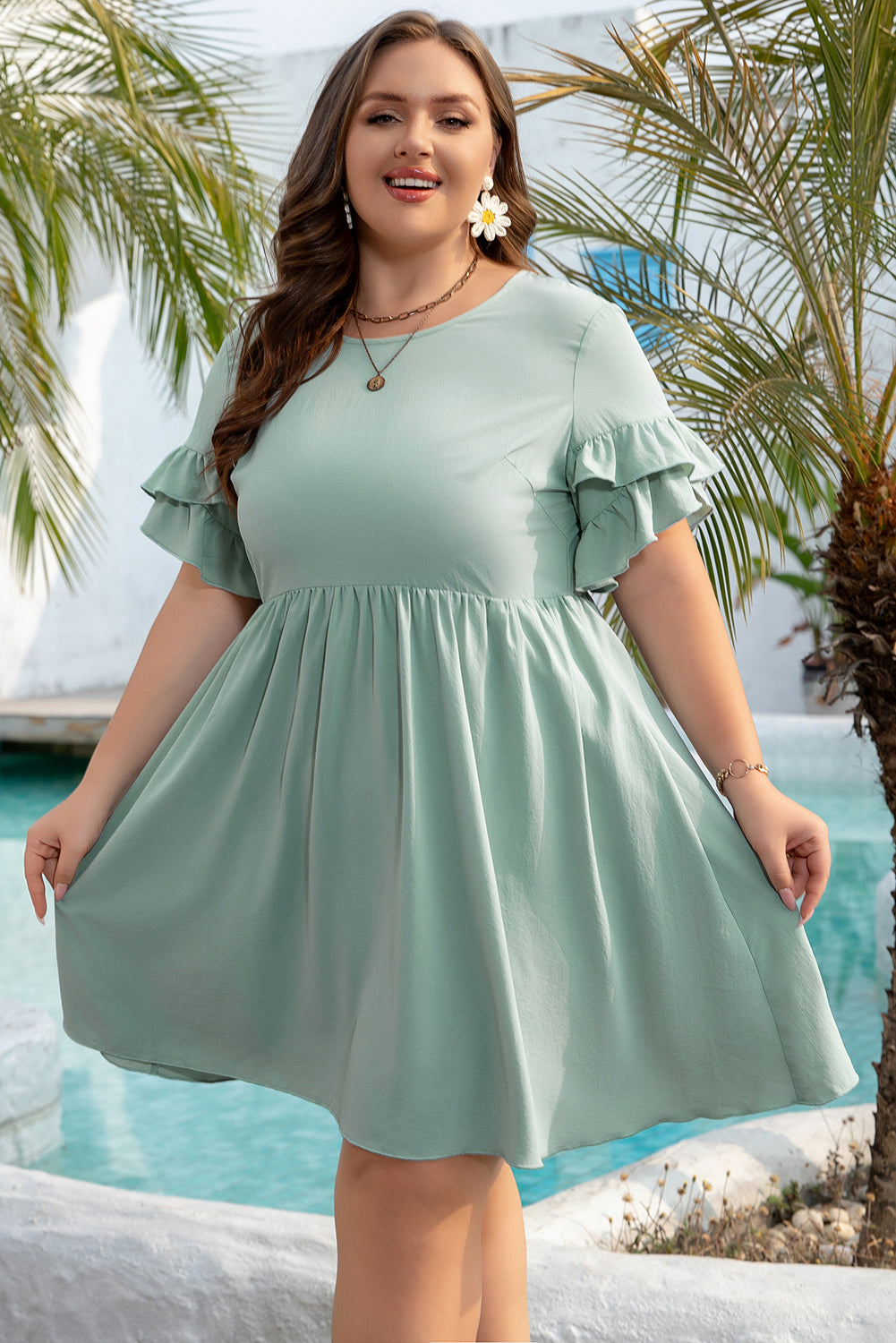 Grass Green Ruffle Trim Plus Size Flared Mini Dress Dear-Lover Dropshipping