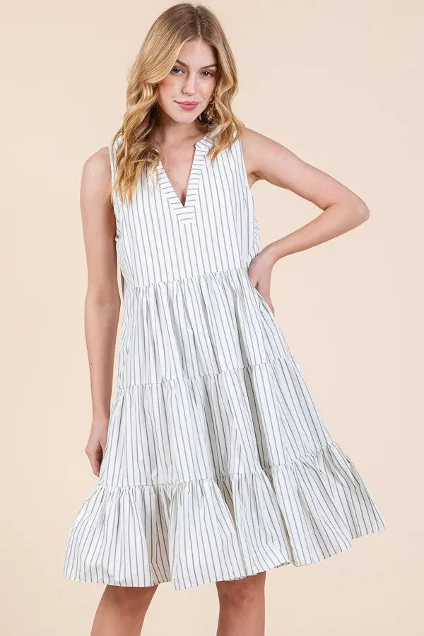 Off White Vertical Striped V Neck Sleeveless Midi Dress PinkBlush