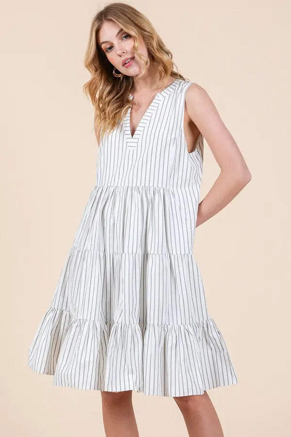 Off White Vertical Striped V Neck Sleeveless Midi Dress PinkBlush