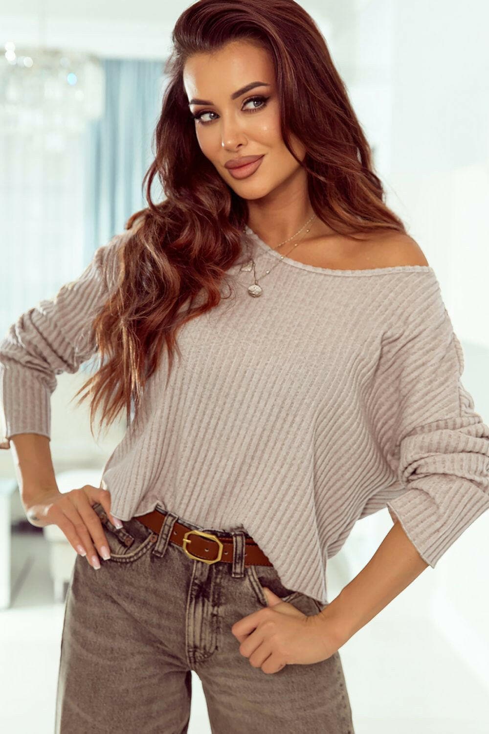 Ribbed Round Neck Drop Shoulder Long Sleeve Top.