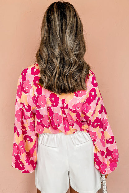 Chic pink floral puff sleeve button-up shirt