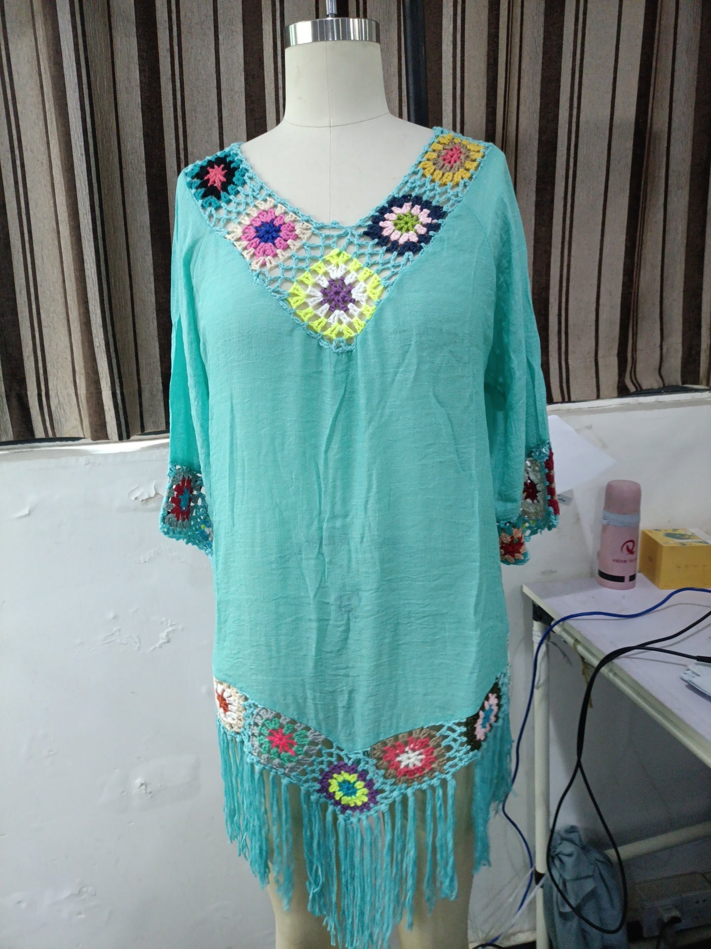 Spring Summer Women Clothing Net Red Lazy Beach Crocheted Blouse Mid-Length Dress Bella Mia