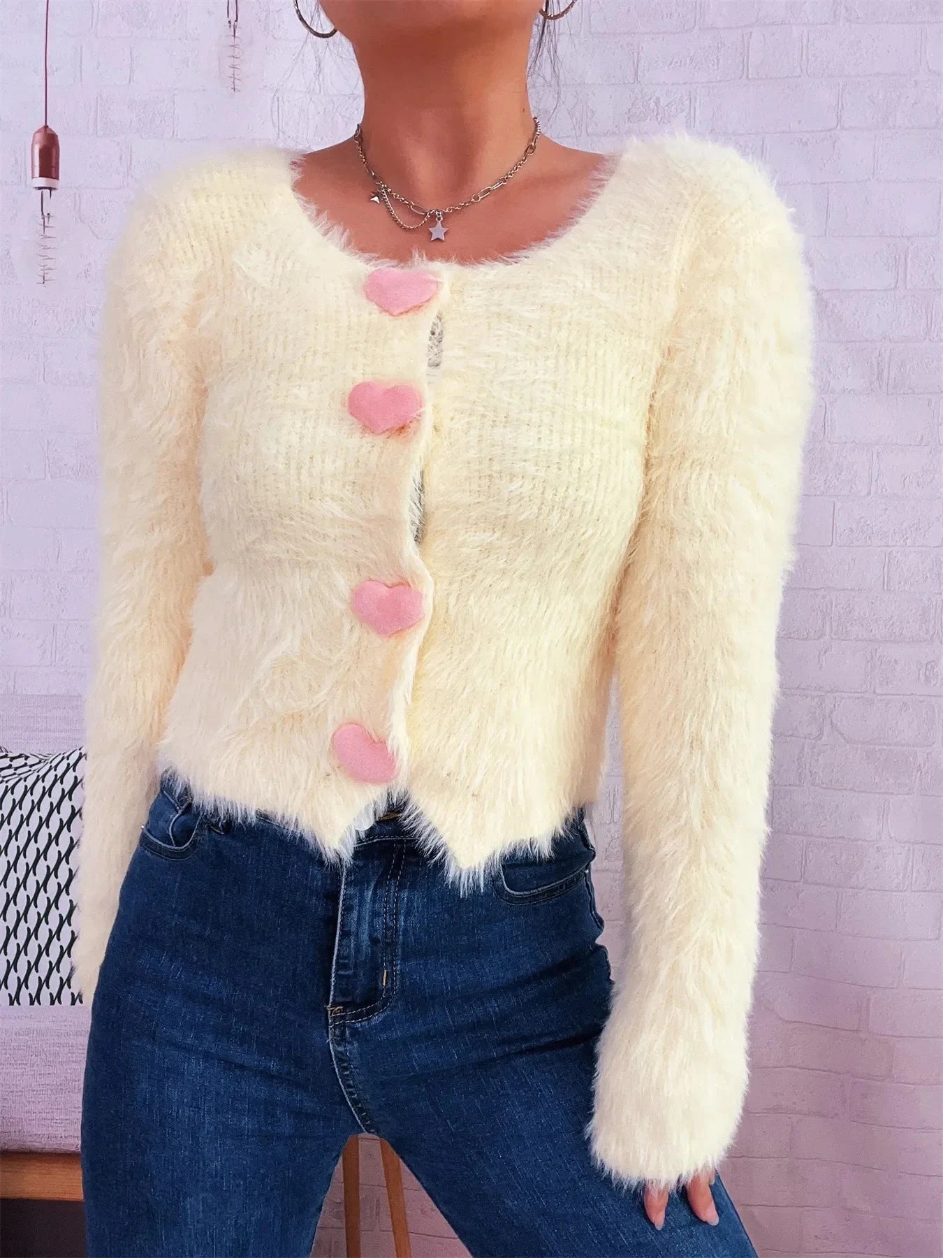 Fuzzy Heart Shape Button-Up Cardigan Coco’s Tee Boutique