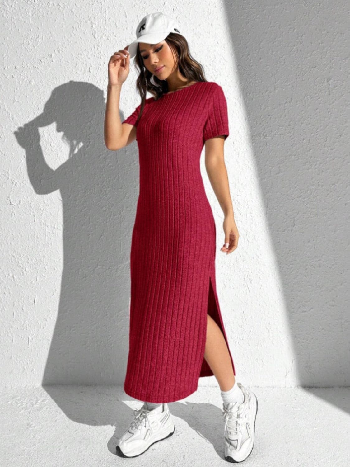 Slit Round Neck Short Sleeve Sweater Dress.