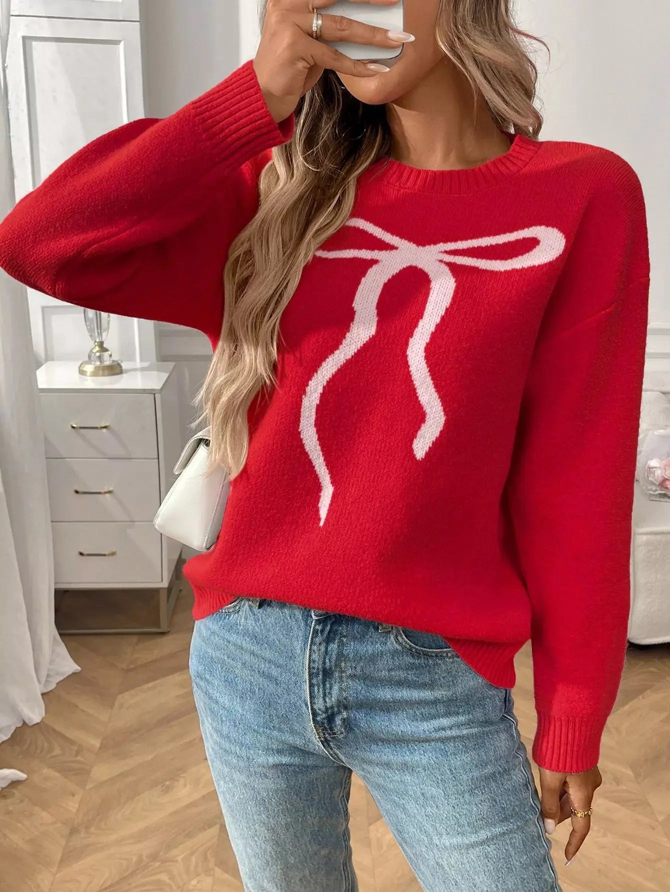 Bow Round Neck Long Sleeve Sweater Simply Love