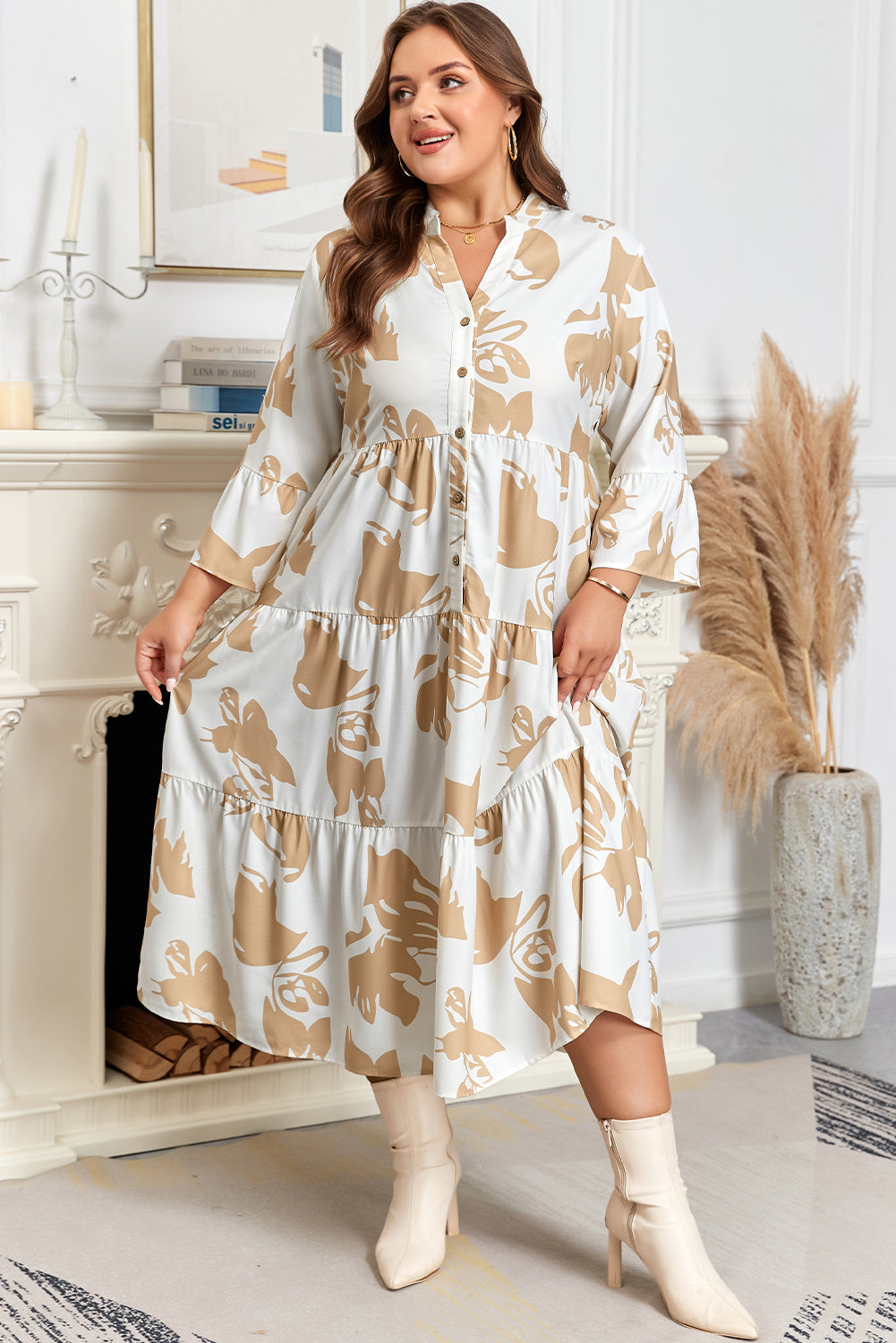 Khaki Patterned Ruffled Sleeve Dress Plus Size Half Placket Dear-Lover Dropshipping