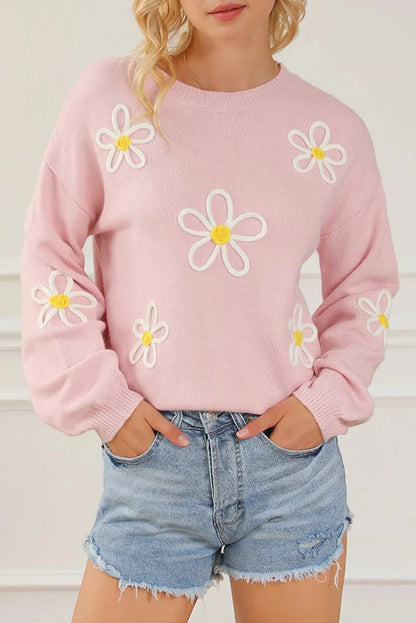 Floral Print Dropped Shoulder Sweater with Round Neck