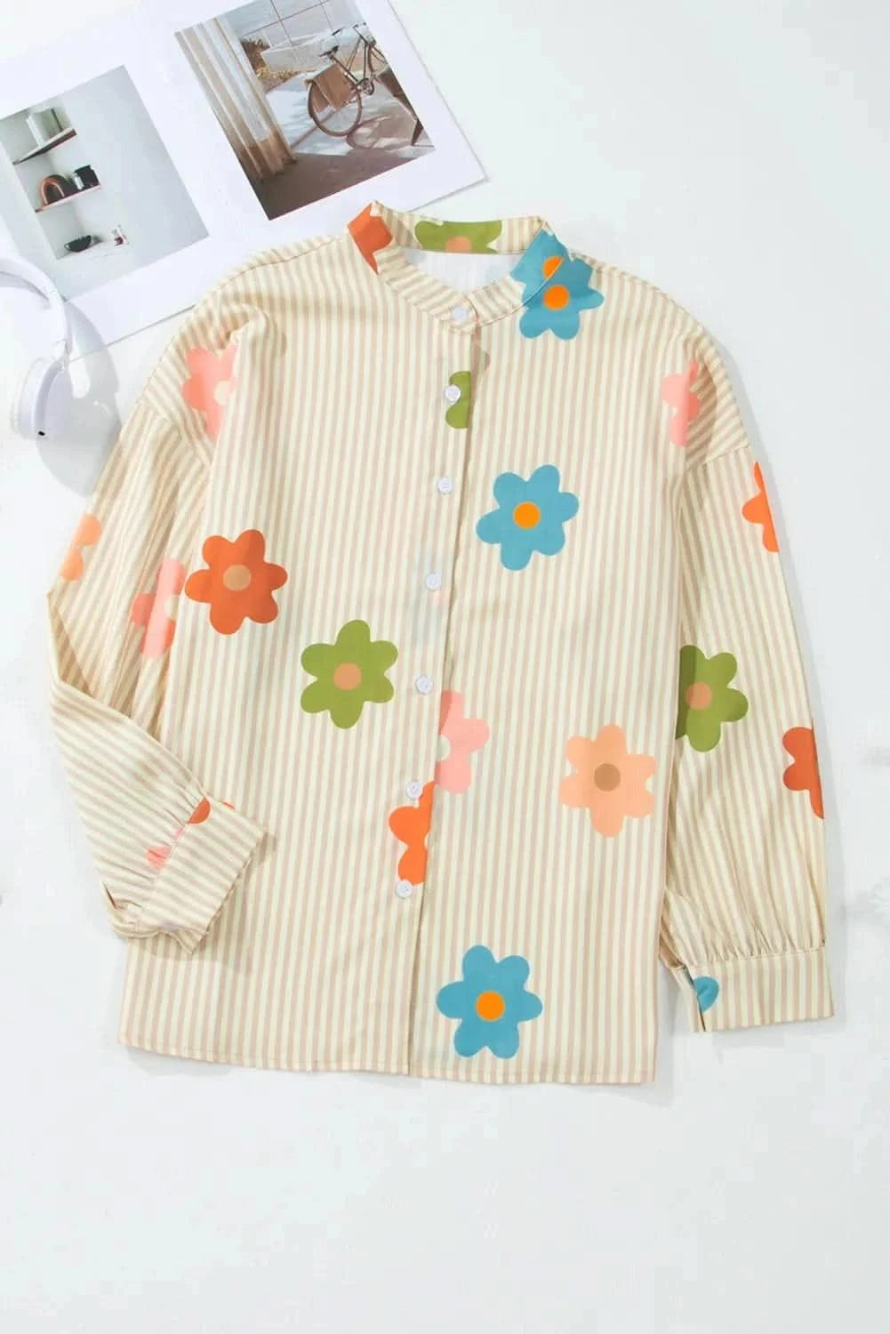 Striped Flower Button Up Long Sleeve Shirt