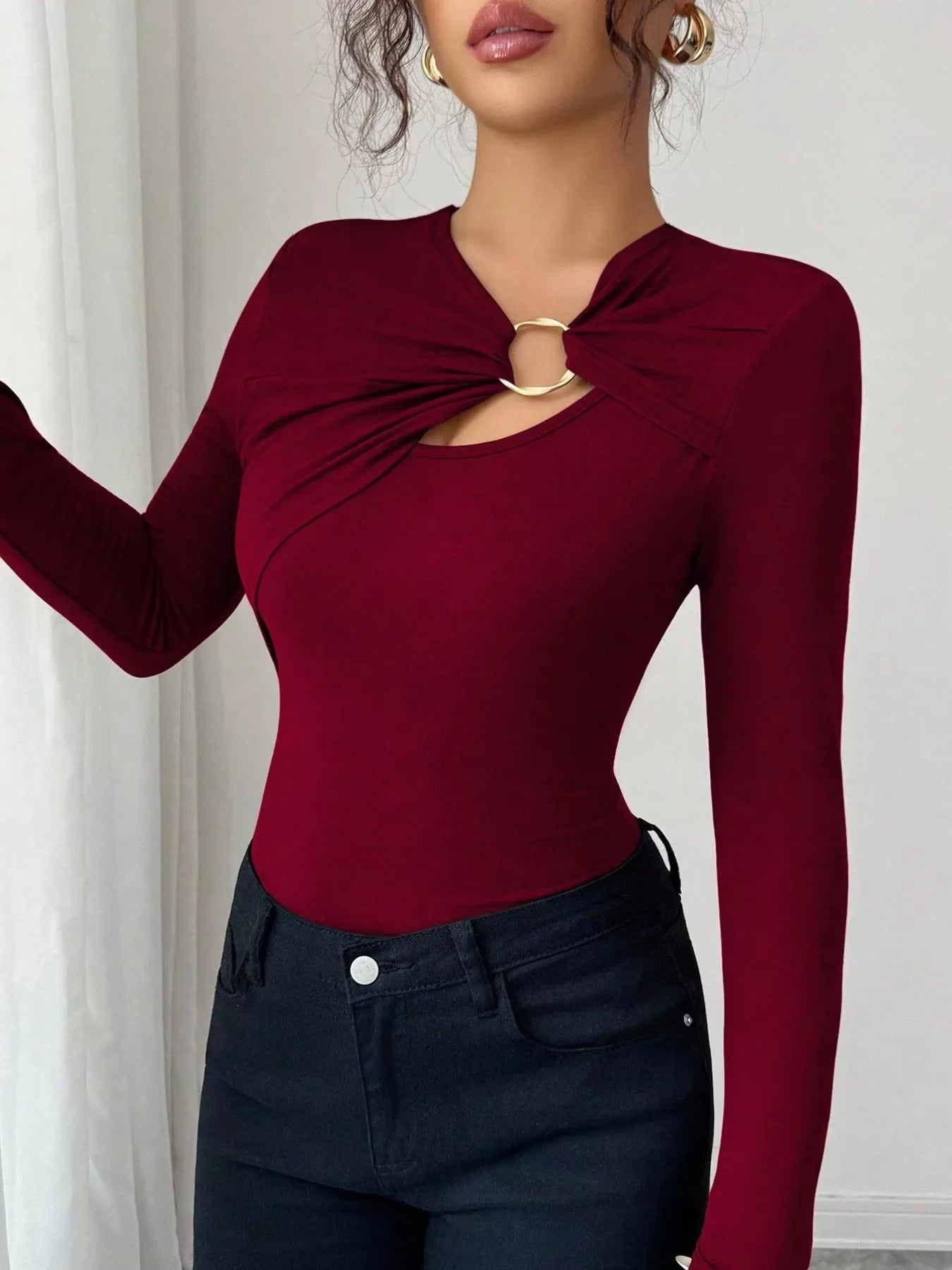 Twist Front Ring Detail Long Sleeve T-Shirt Simply Love