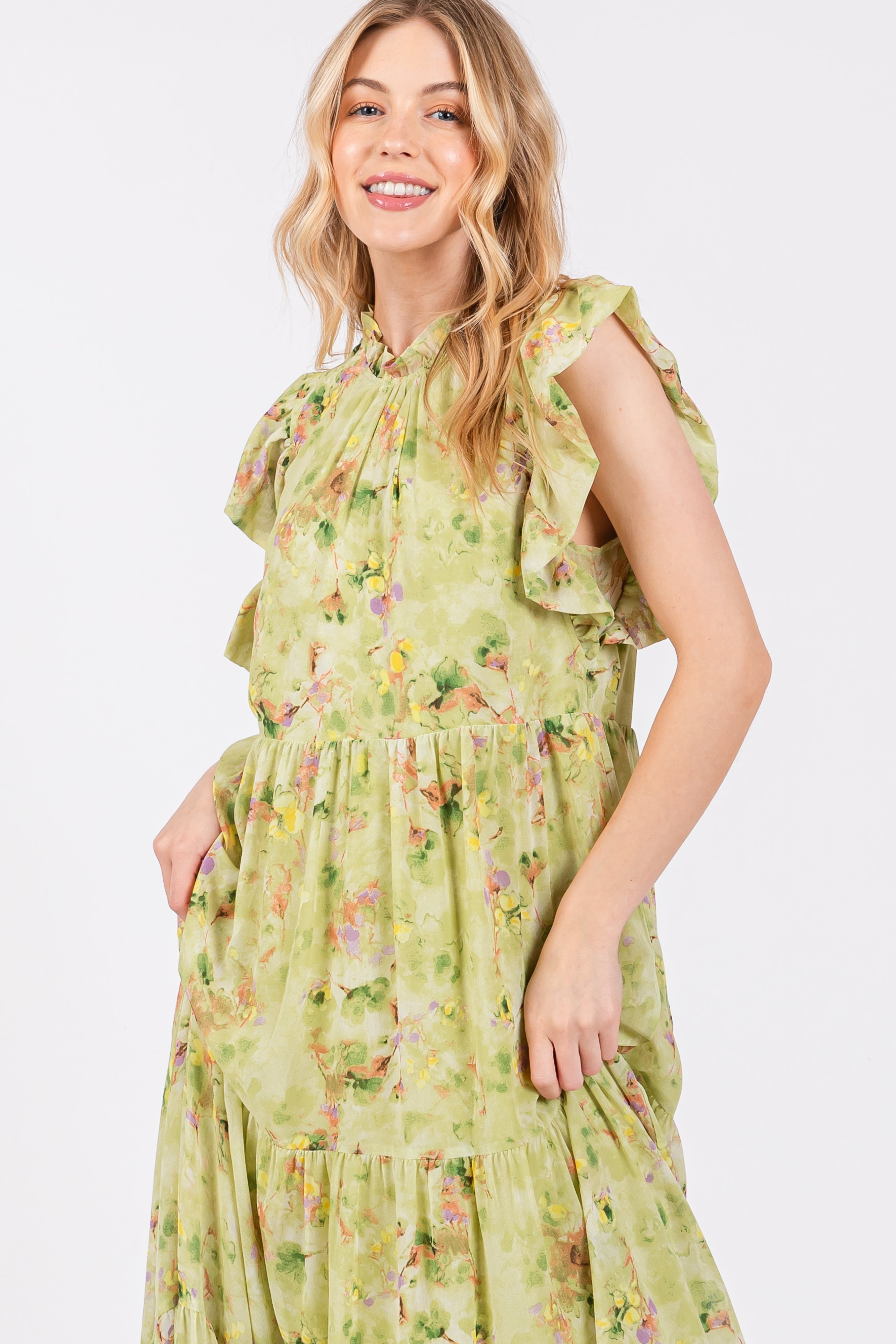 Lime Floral Chiffon Ruffle Shoulder Tiered Maxi Dress PinkBlush