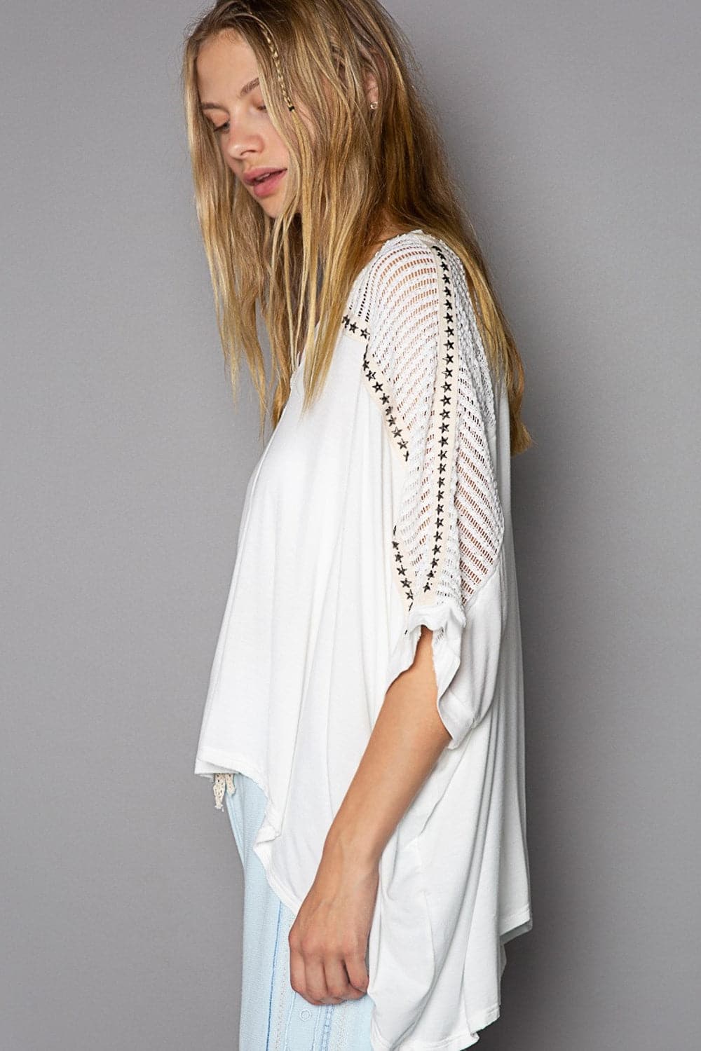 POL Oversize V-Neck Crochet Lace Contrast Studded Top.