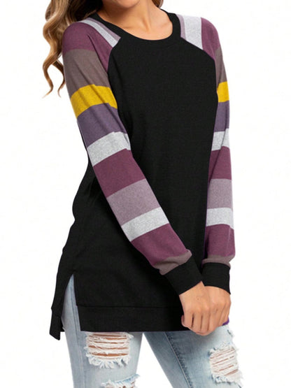 Color Block Round Neck Long Sleeve T-Shirt.