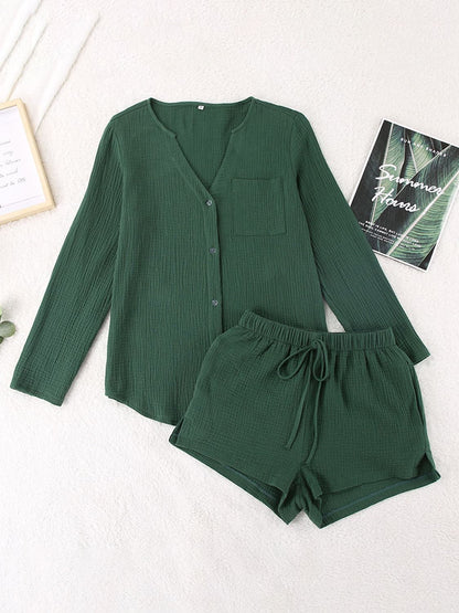 Notched Long Sleeve Top and Shorts Set.