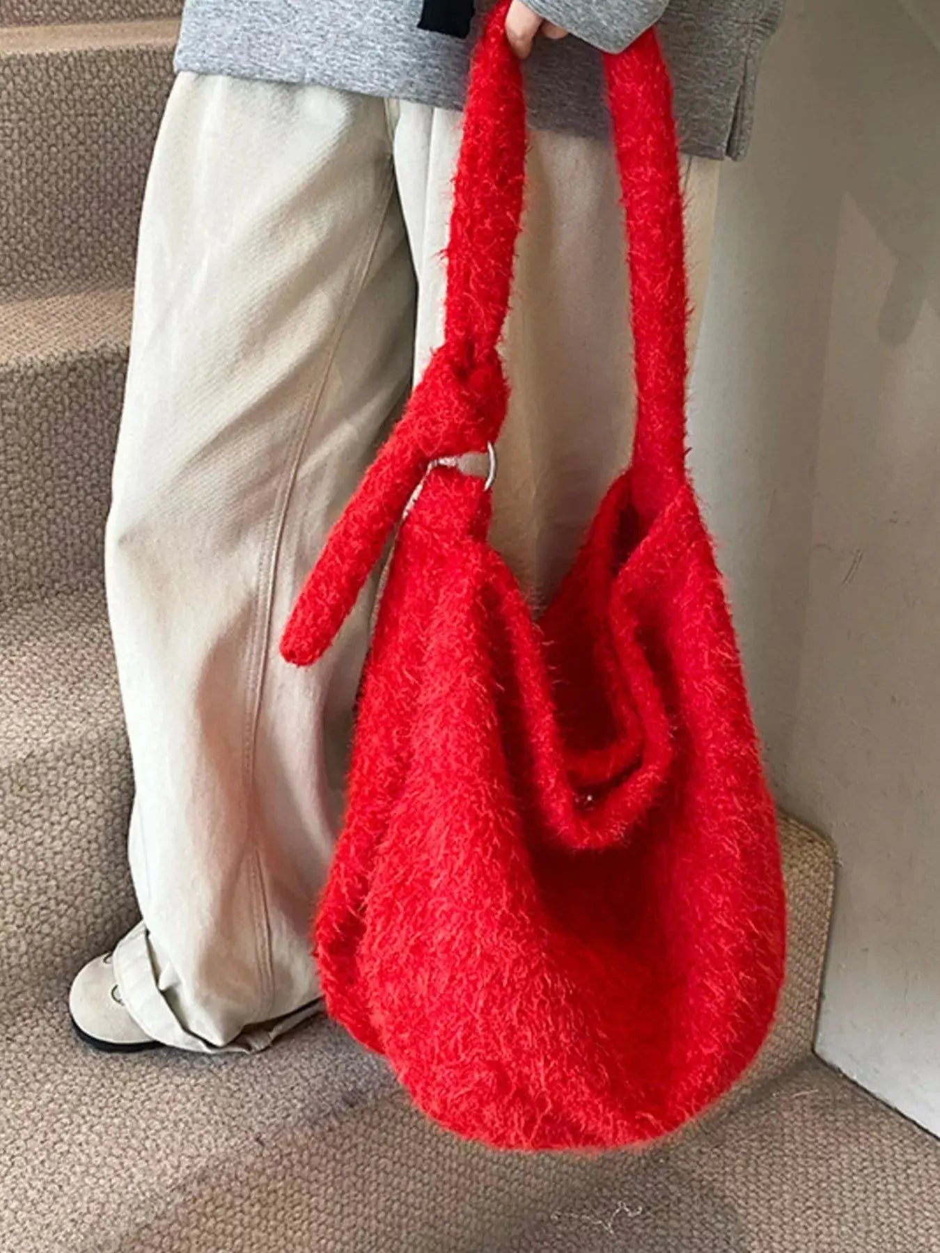 Red Plush Fuzzy Crossbody Bag Medium Size With Soft Cozy Texture Simply Love