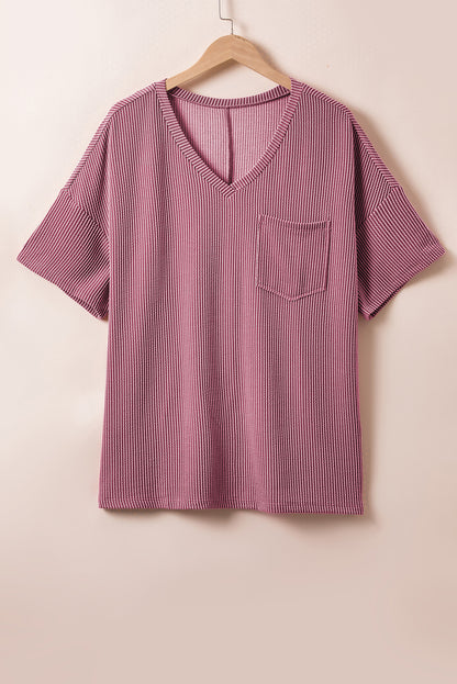 Chic rose pink textured plus t-shirt with v-neck and dropped shoulders