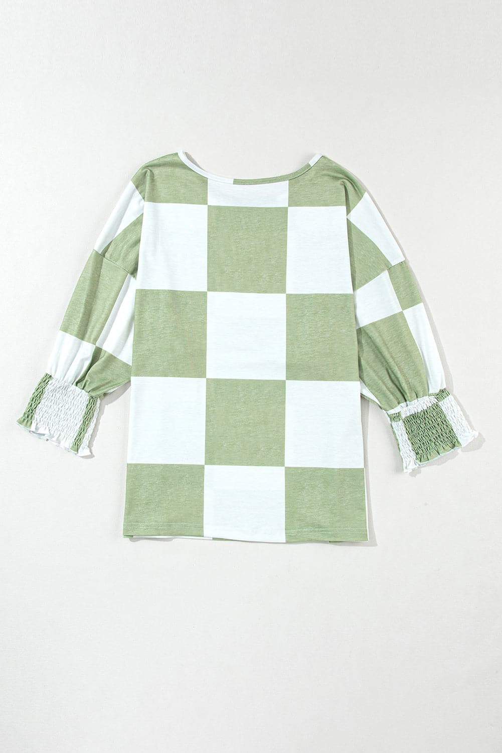 Checkered Round Neck Lantern Sleeve Top.