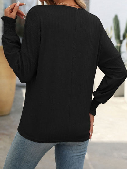 Textured Notched Lantern Sleeve T-Shirt.