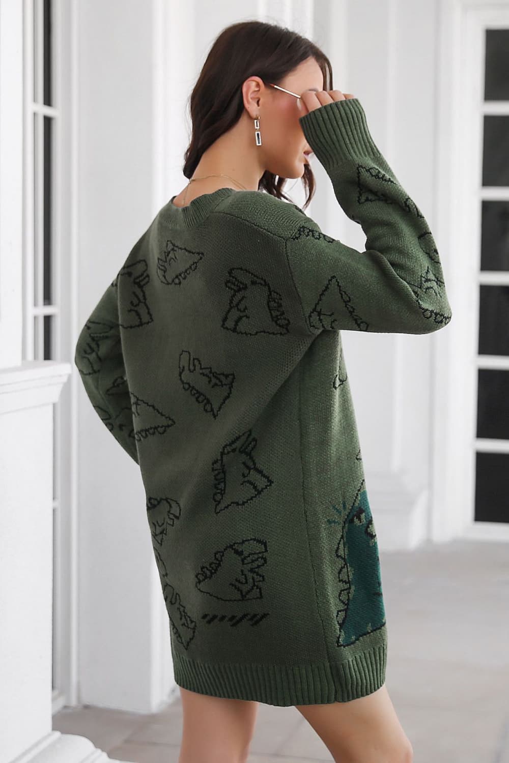 Dinosaur Pattern V-Neck Sweater Dress.