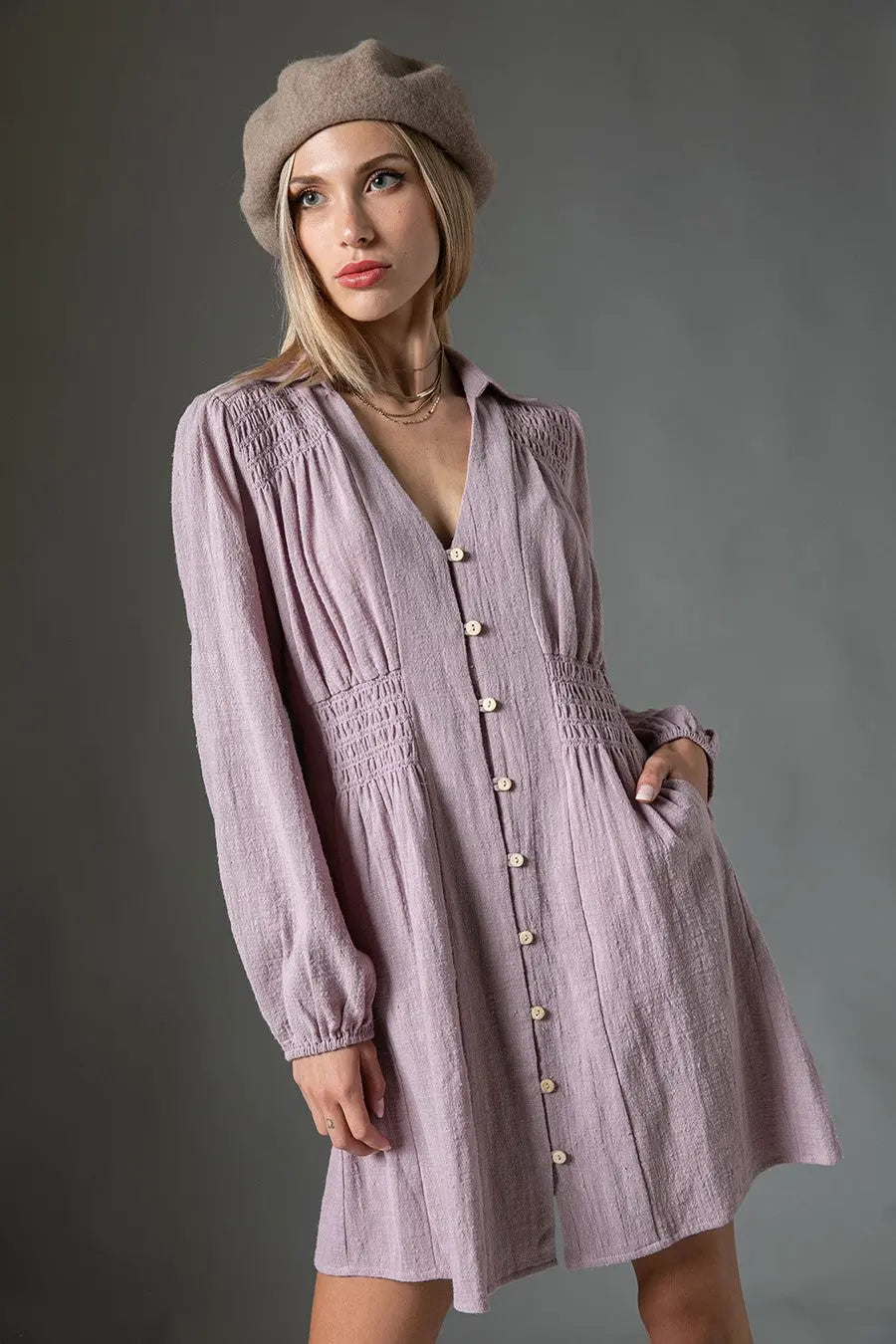 Ash Lilac Cotton Button Down Dress PinkBlush