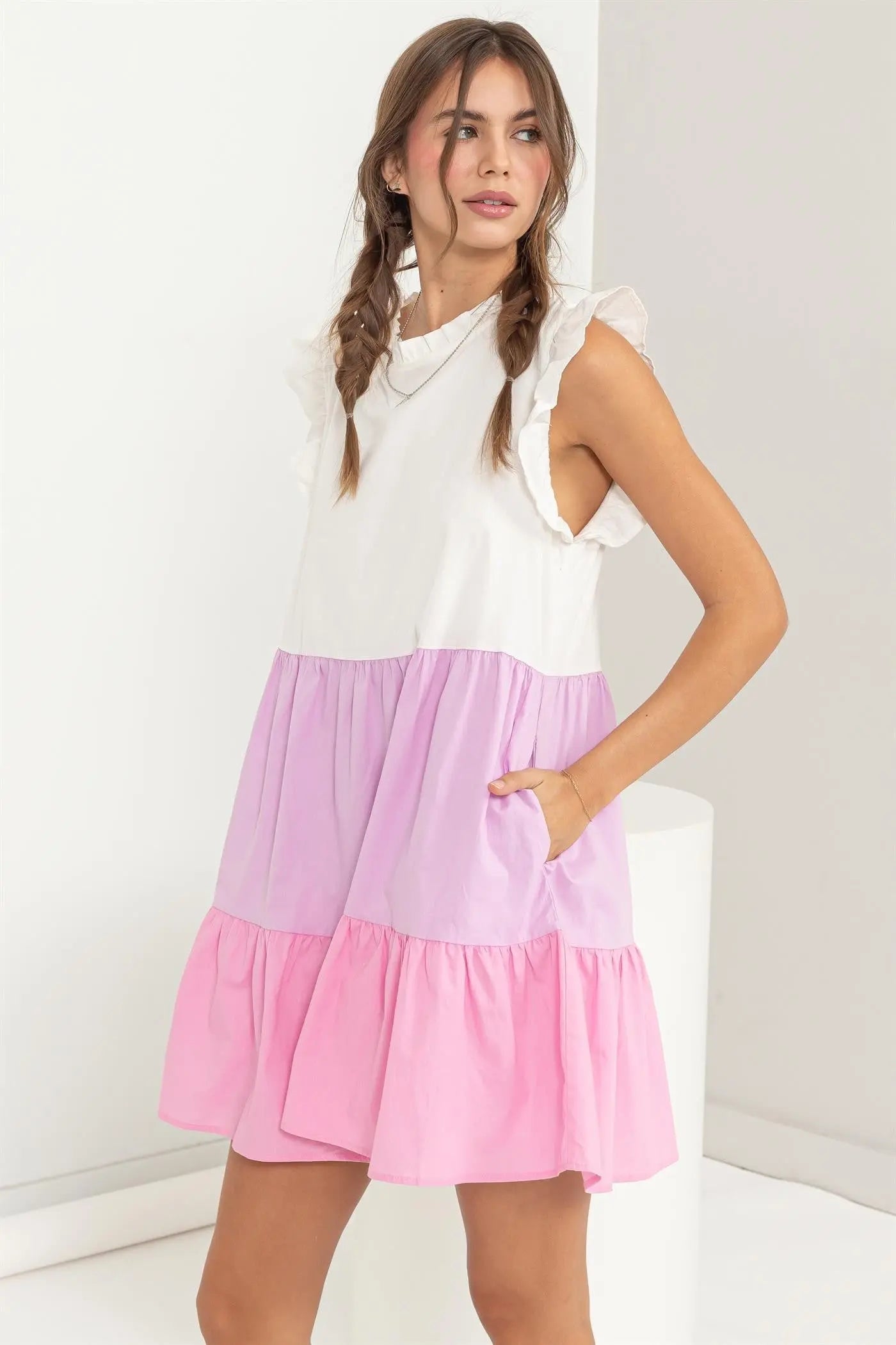 Pink Multi Poplin Color Block Mini Dress PinkBlush