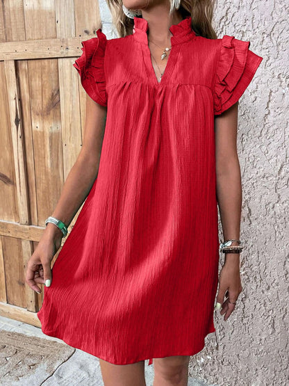 Ruffled Notched Cap Sleeve Mini Dress.