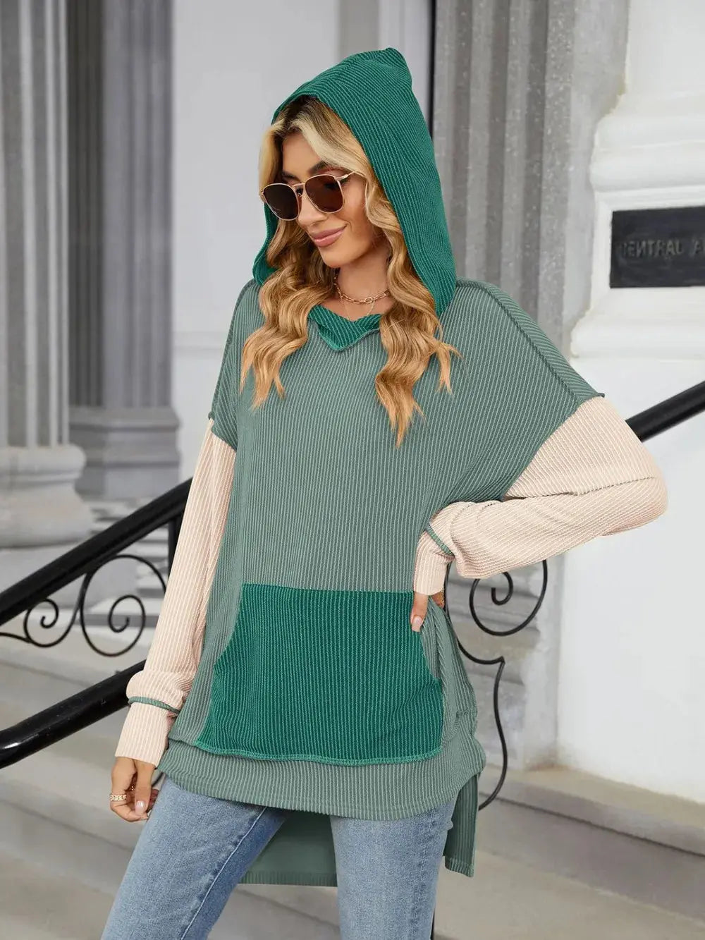 Double Take Contrast Hooded Long Sleeve Top - Love Salve