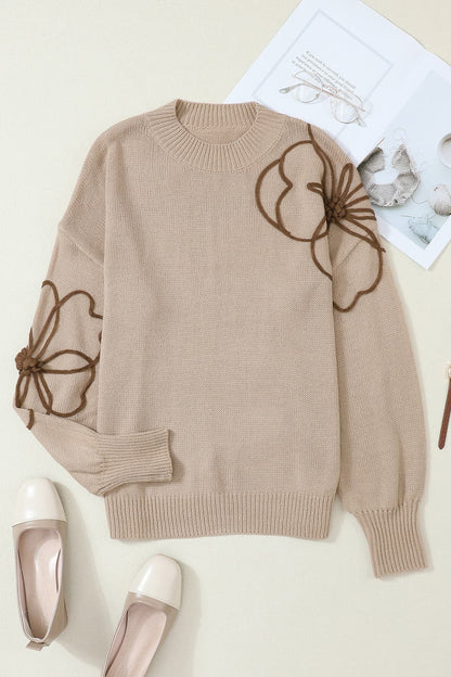 Floral Round Neck Drop Shoulder Sweater.