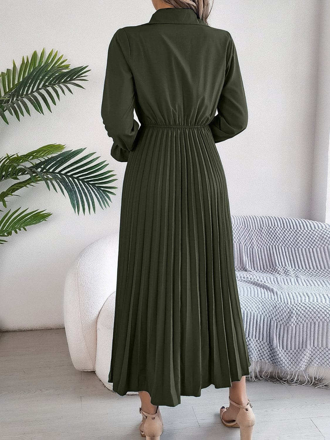 Pleated Half Button Long Sleeve Midi Dress.