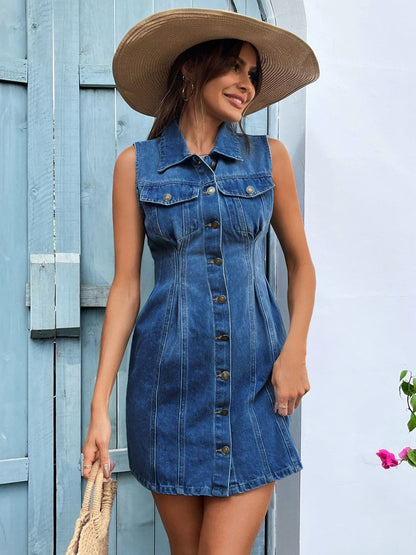 Pocketed Button Up Sleeveless Denim Dress.