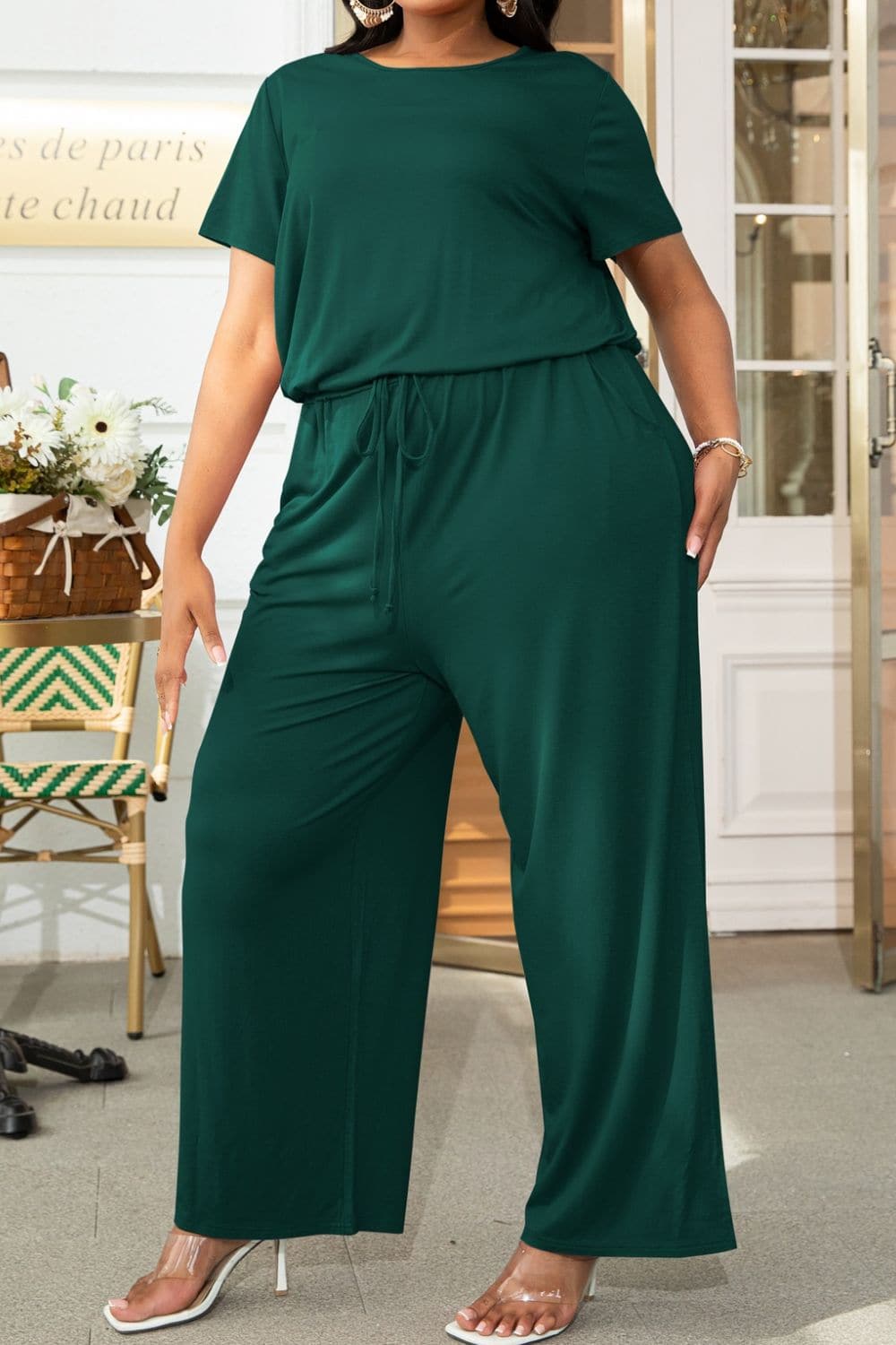 Plus Size Drawstring Waist Short Sleeve Jumpsuit.