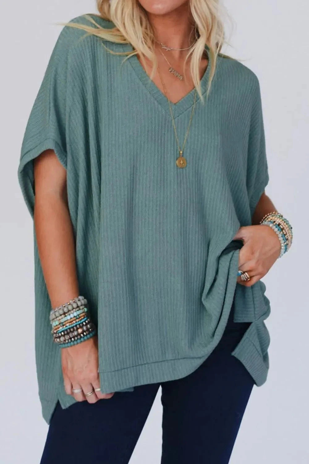 Oversized Ribbed Knit V Neck Dolman Short Sleeve Top Simply Love
