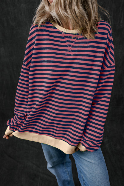 Cozy red striped oversized pullover with contrast trim