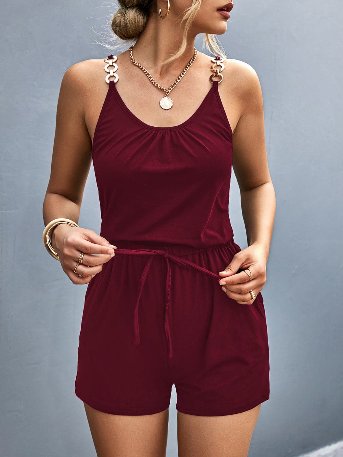 Scoop Neck Romper with Pockets.