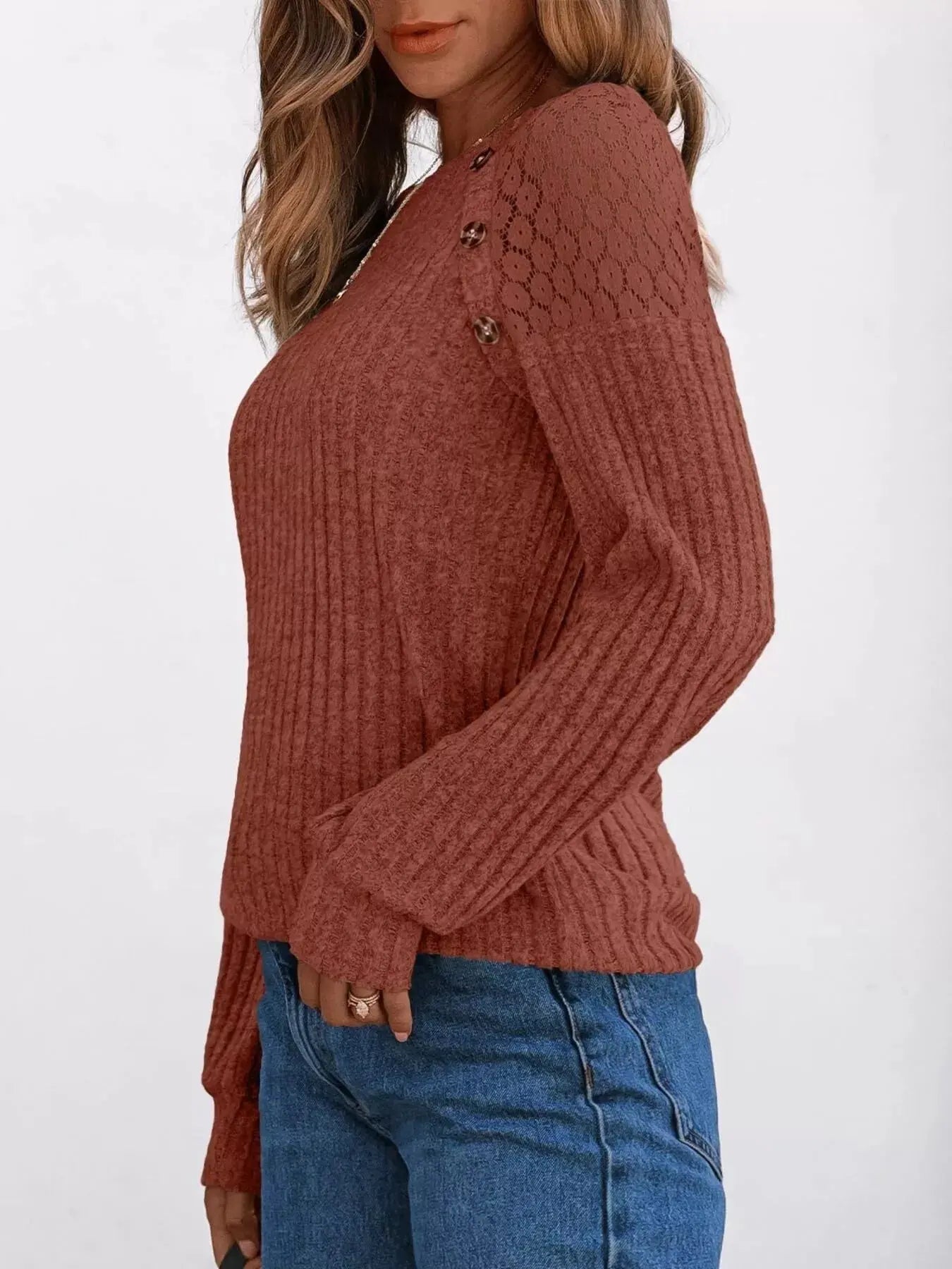 Ribbed Knit T-Shirt with Lace Shoulder Detail Simply Love
