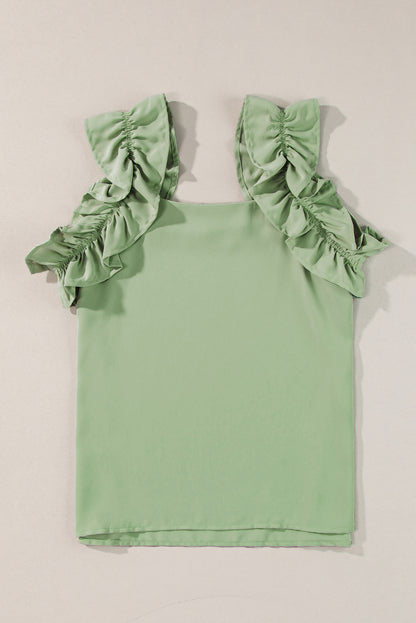 Chic smoke green ruffle trim sleeveless tank top