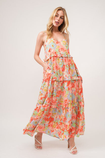 And The Why Floral Ruffled Tiered Maxi Adjustable Strap Cami Dress.