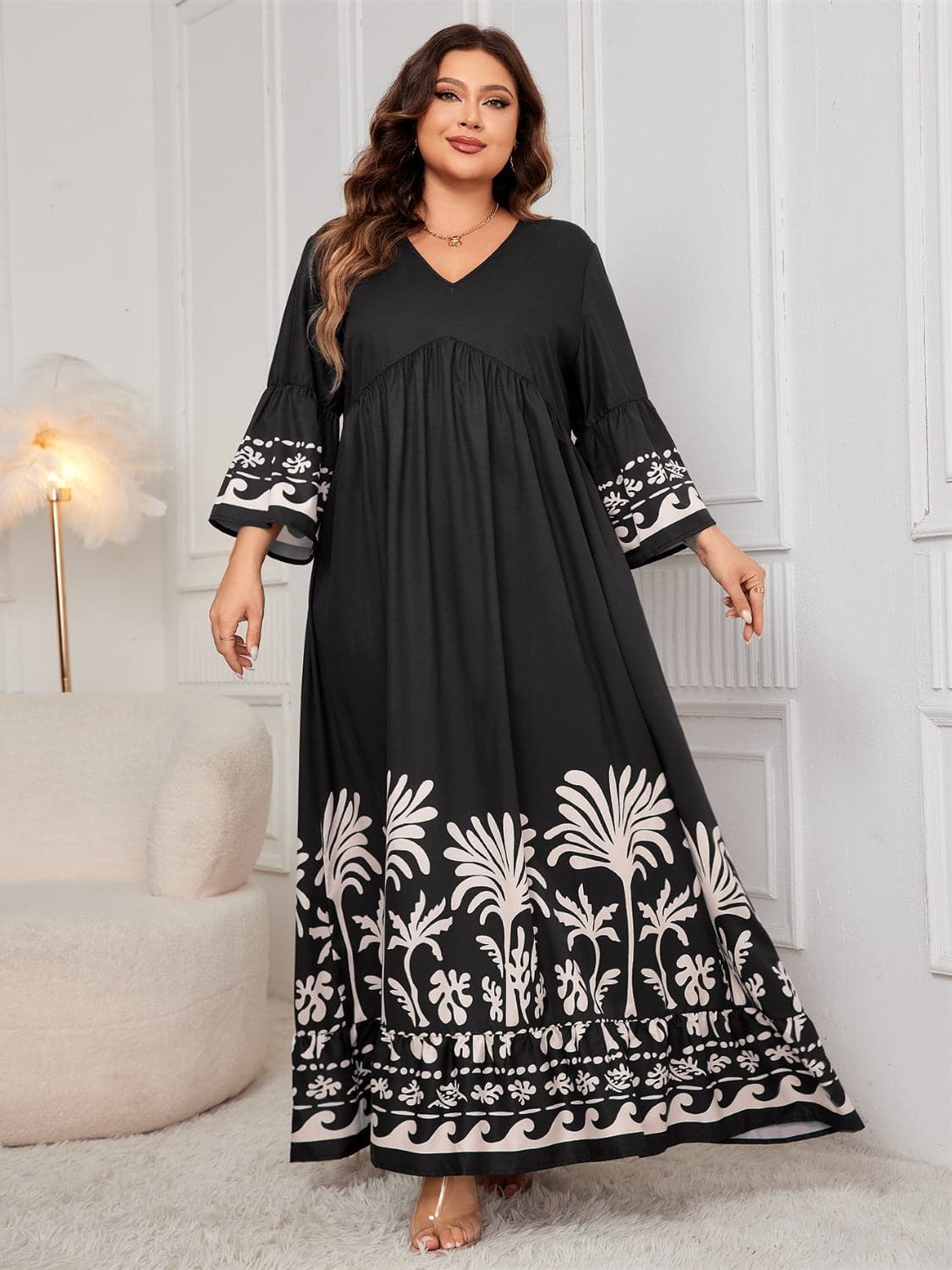 Plus Size Printed V-Neck Long Sleeve Maxi Dress.