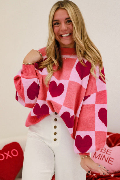 Pink Plus Size Love Heart Block Mock Neck Lantern Sleeve Valentine Sweater