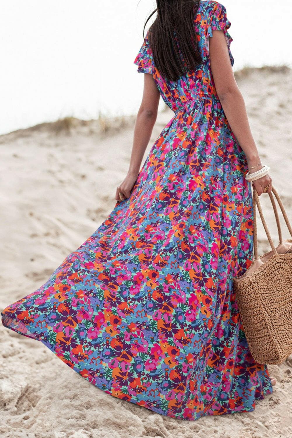 Slit Printed Cap Sleeve Maxi Dress.