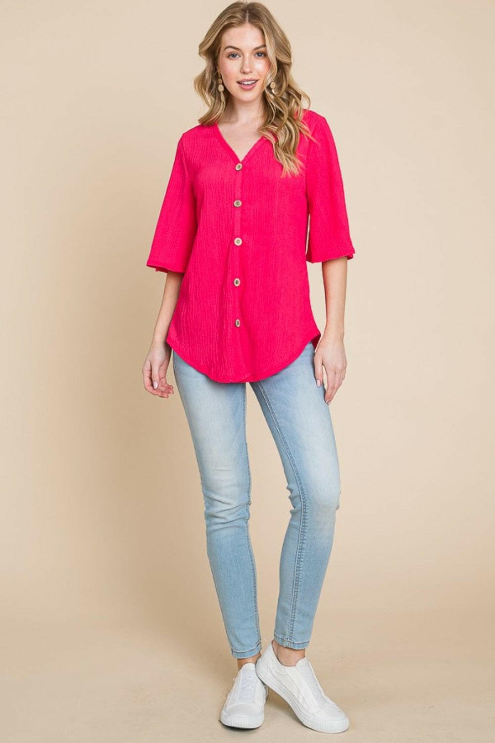 BOMBOM Texture Decorative Button V-Neck Top.