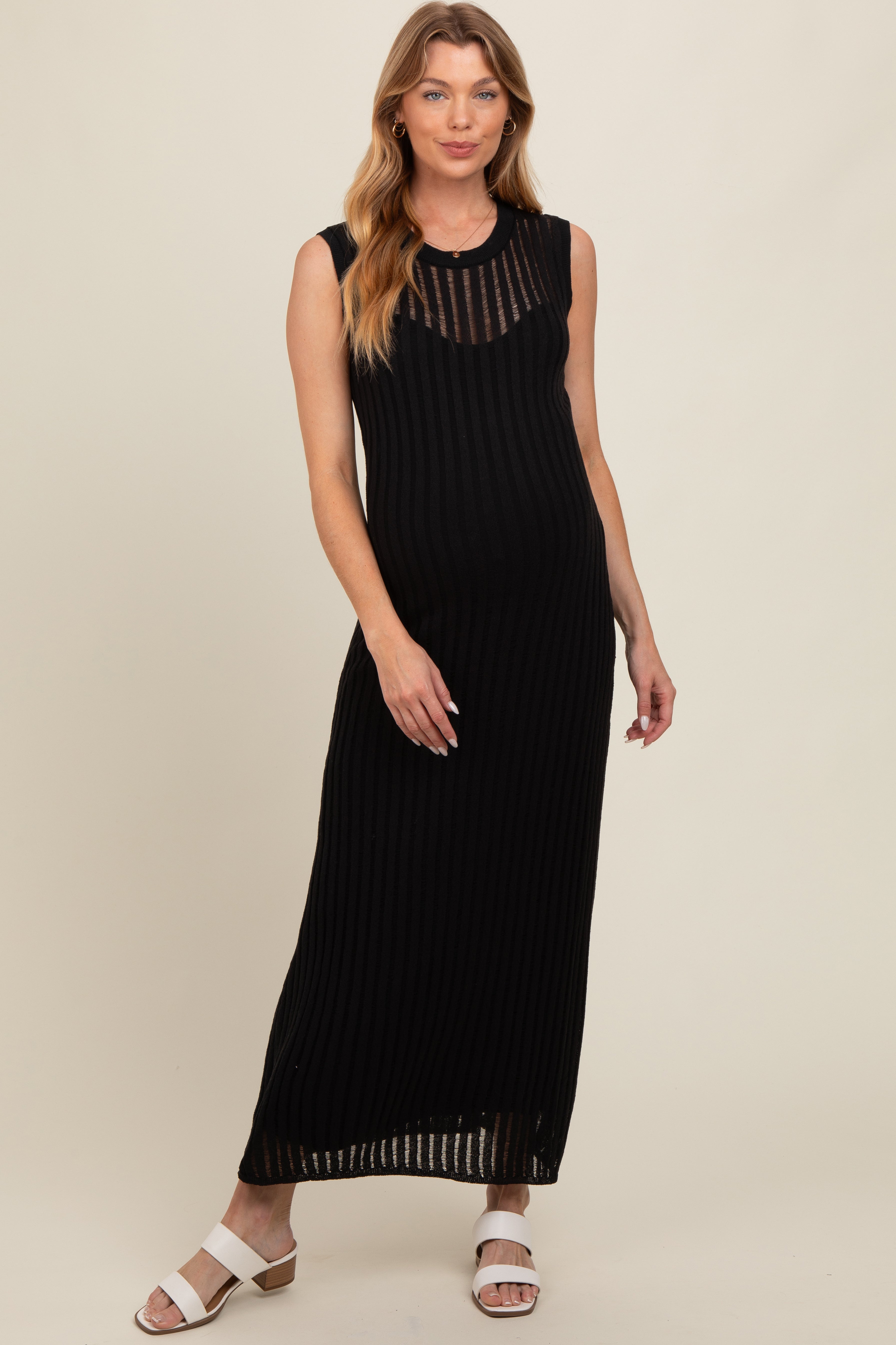 Black Sheer Knit Layered Maternity Maxi Dress PinkBlush