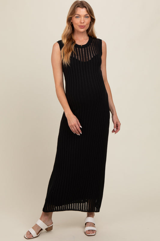 Black Sheer Knit Layered Maternity Maxi Dress PinkBlush